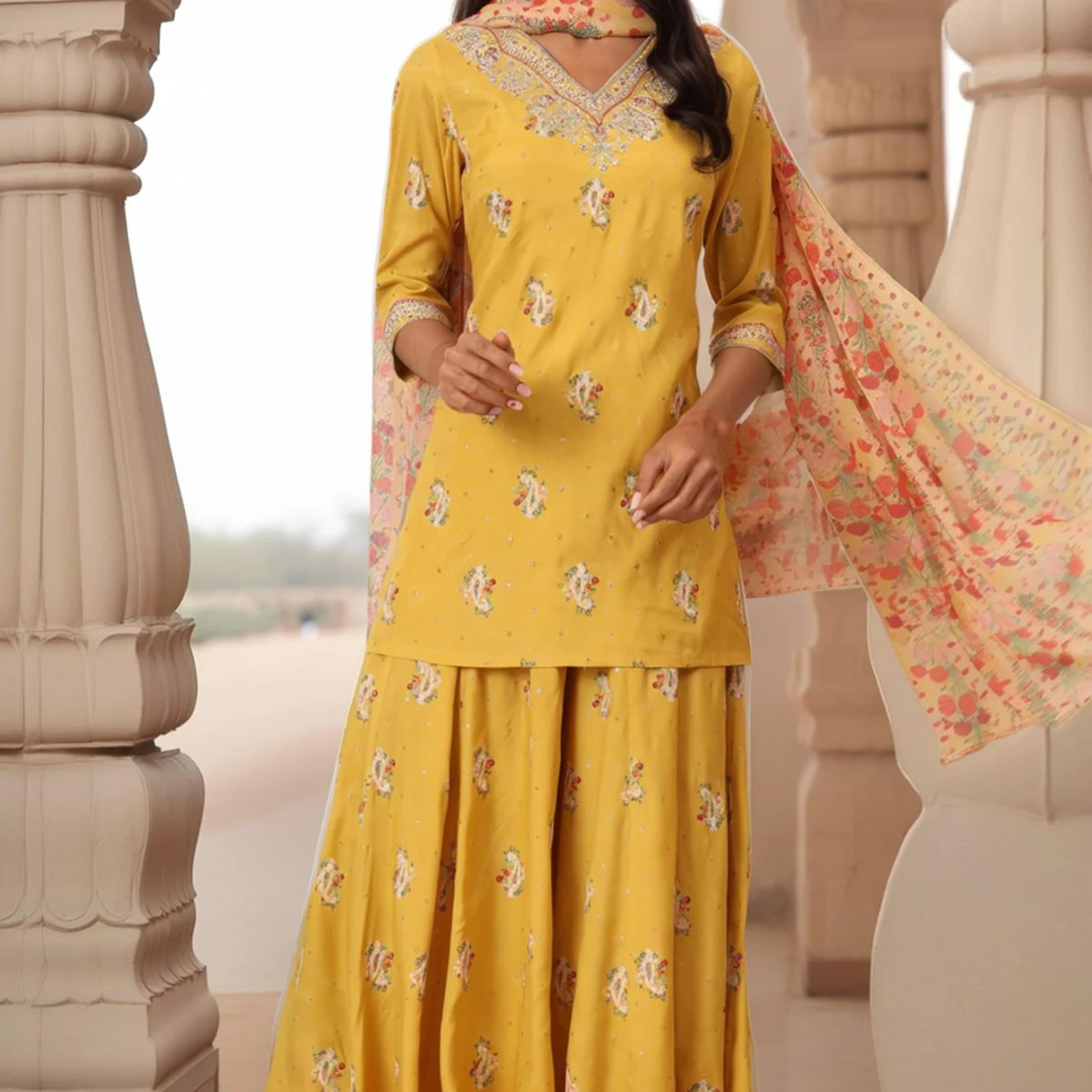 Mustard Yellow Printed Short Shantung Kurti, Culottes and Dupatta Set