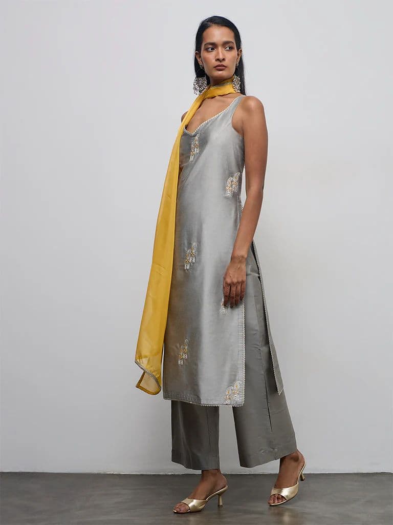 Vark Grey Embroidered A-Line Ethnic Set — photo 2