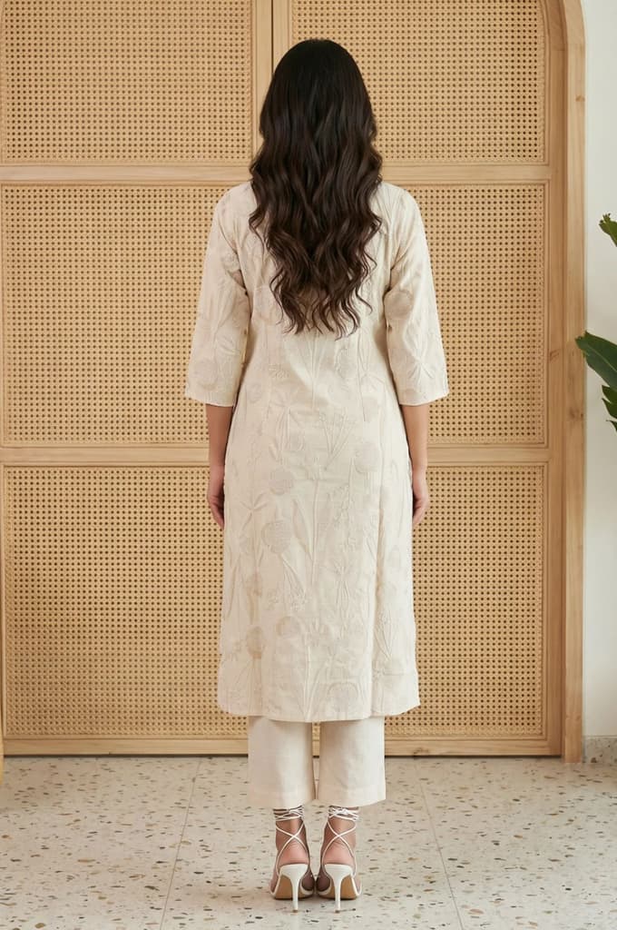 Beige Floral Printed Buttons Cotton Blend Straight Kurta with Pants Set — photo 4