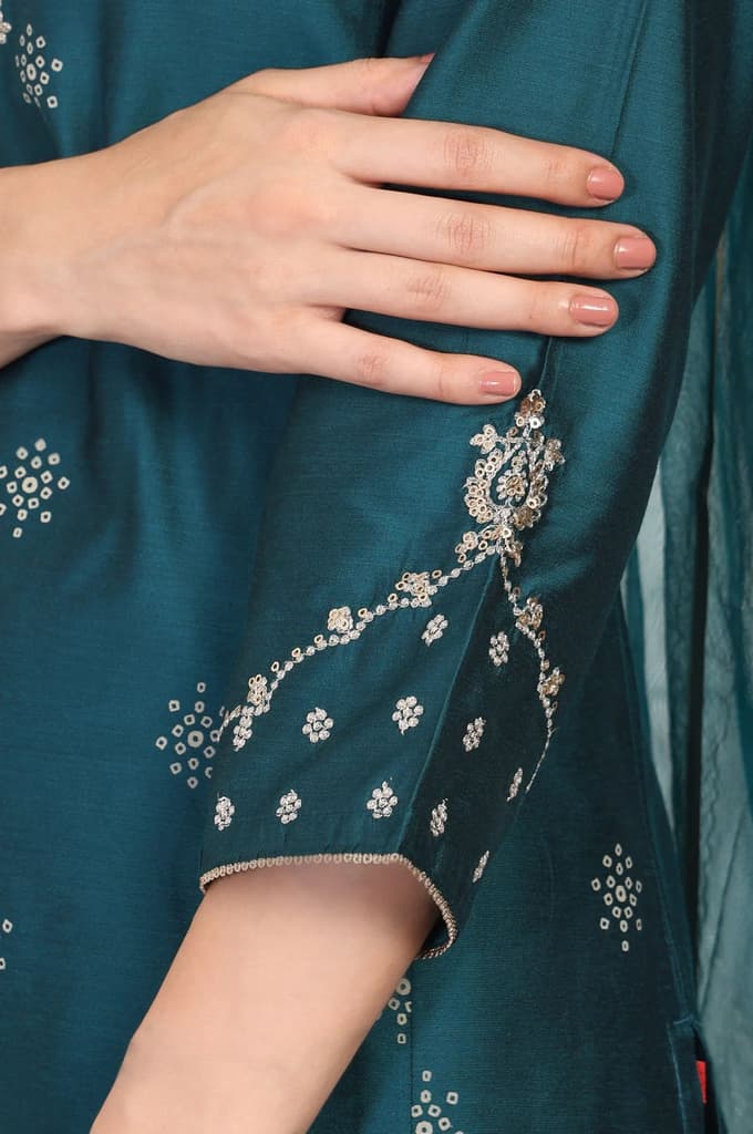 Teal Embroidered Straight Kurta with Straight Pants and Dupatta Set — photo 7
