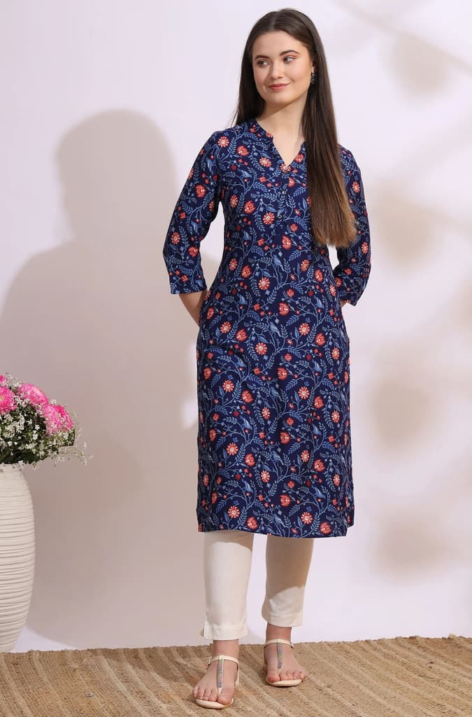 Blue Bold Floral Printed Cotton Cambric Straight Kurta — photo 2