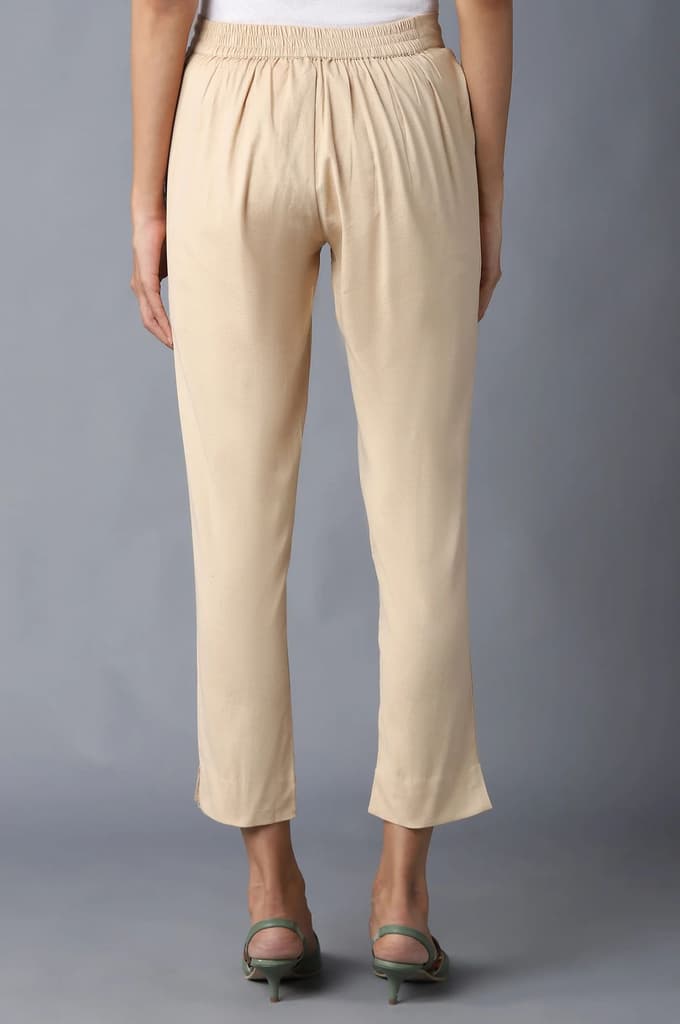 Beige Solid Straight Fit Cotton Trousers With Elasticated Waistband — photo 2