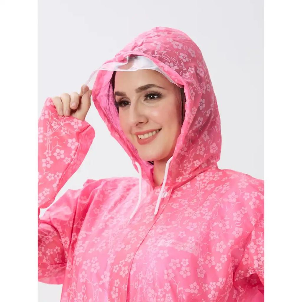 Zeel Women Knee Length Trench PVC Raincoat With Flower Print | Pink