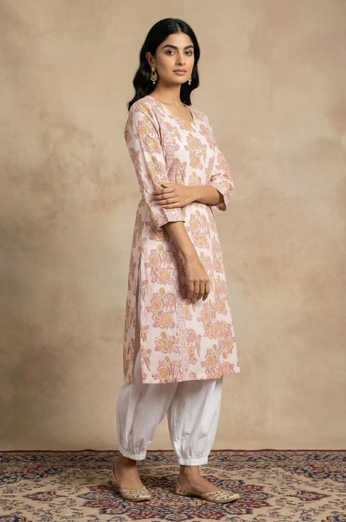White Floral Printed Pure Cotton Straight Kurta — photo 4
