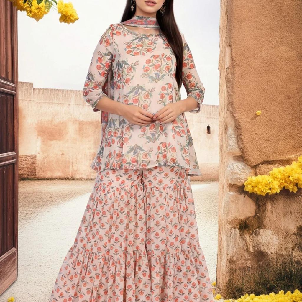 Beige Floral Embellished Peplum Chiffon Kurta with Sharara and Dupatta Set