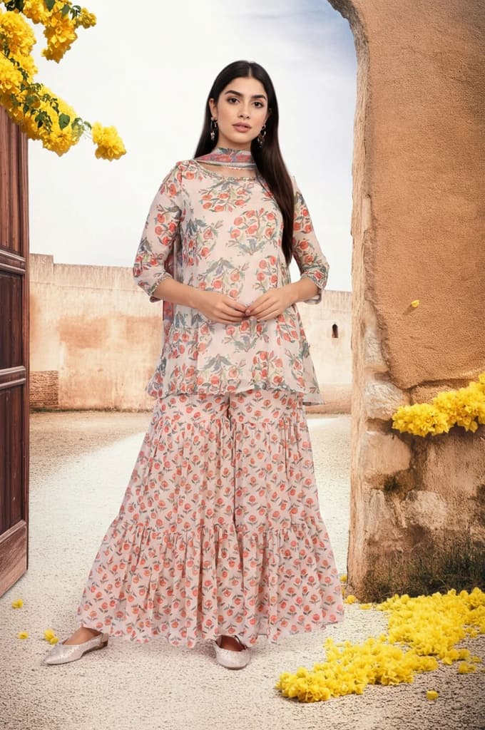 Beige Floral Embellished Peplum Chiffon Kurta with Sharara and Dupatta Set — XS
