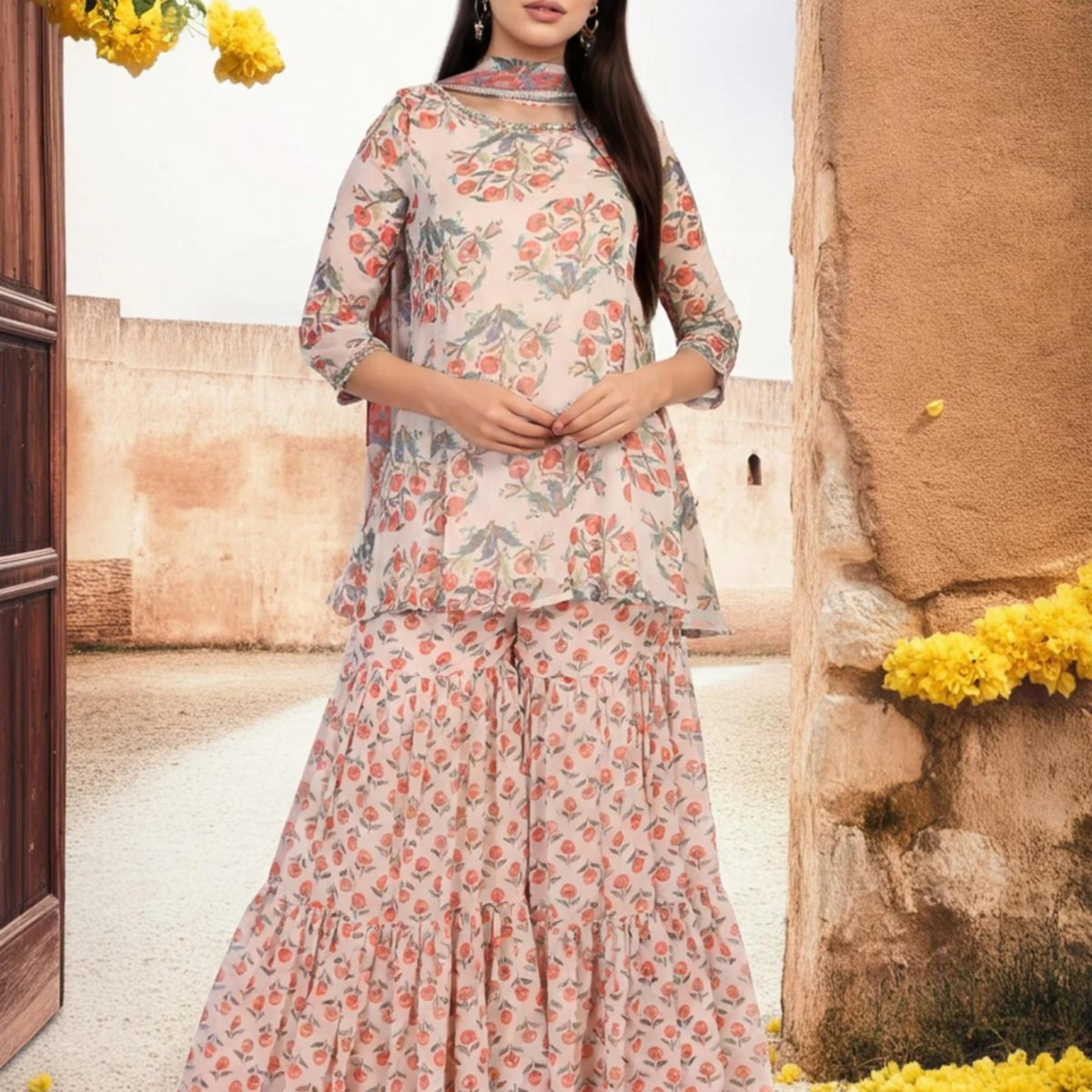 Beige Floral Embellished Peplum Chiffon Kurta with Sharara and Dupatta Set