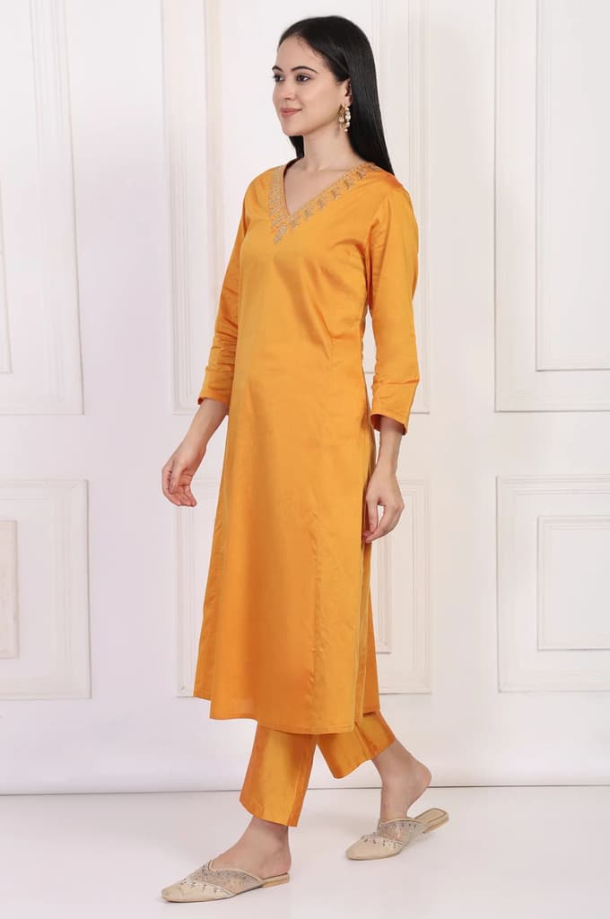 Orange Embroidered Flared Satin Kurta with Straight Pant Set — photo 4