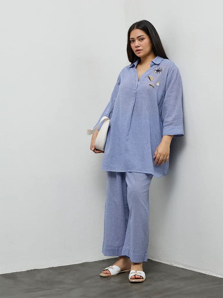 Diza Blue Floral Embellished Cotton Tunic — photo 2