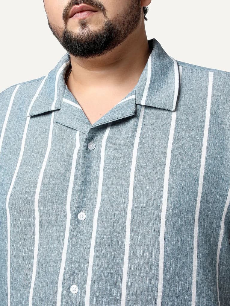 Plus Men's Aqua Cotton Half Sleeve Relaxed Fit Linen Striped Shirt with Cuban Collar — photo 5
