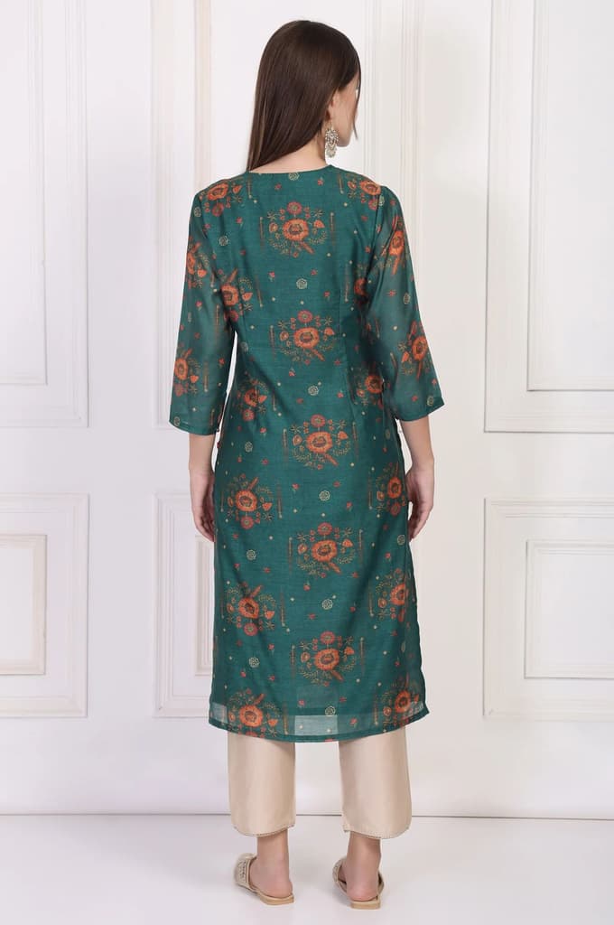 Teal Floral Printed Embellished Straight Silk Kurta — photo 5