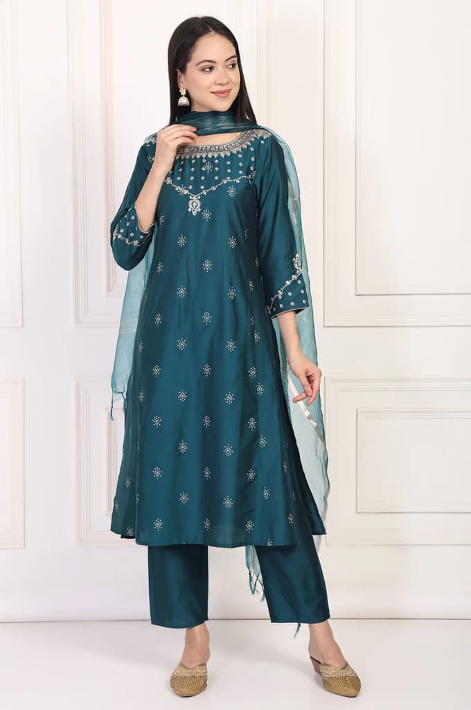 Teal Embroidered Straight Kurta with Straight Pants and Dupatta Set — photo 2