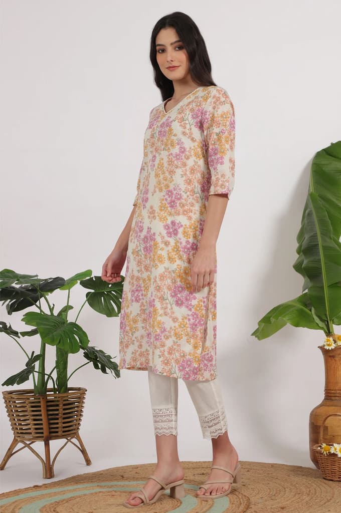 White Floral Printed Pure Cotton Straight Kurta — photo 5