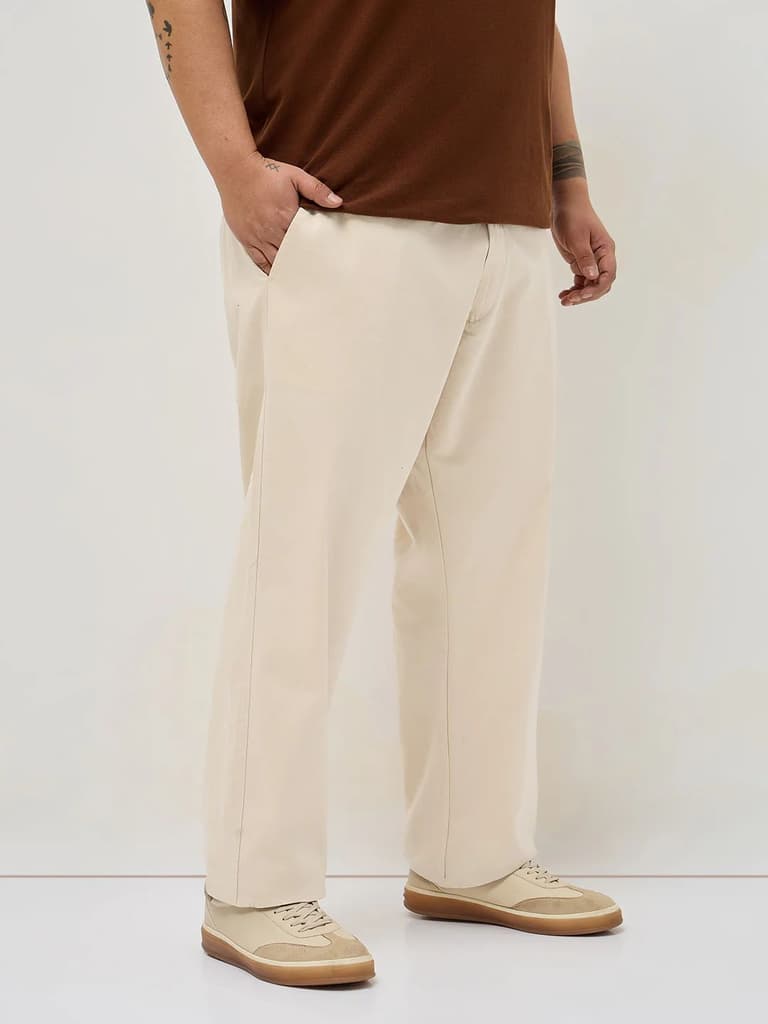 Plus Men's Cream Straight Fit Mid Rise Cotton Casual Chinos Trousers Stretch — photo 2