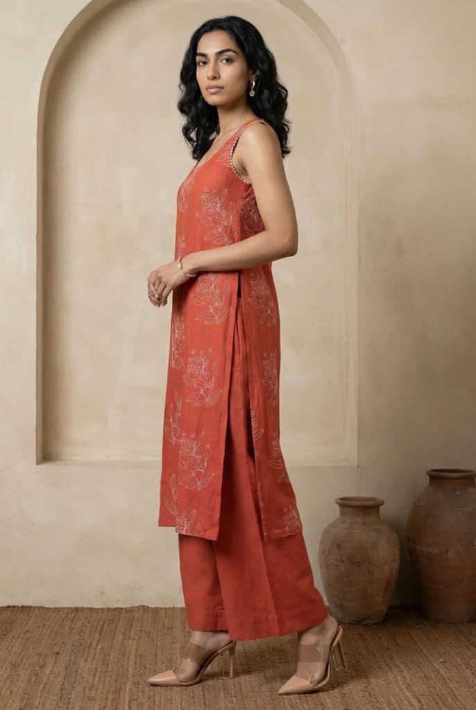 Rust Floral Printed Rayon Blend Straight Kurta with Flared Pants Co-ord Set — photo 4