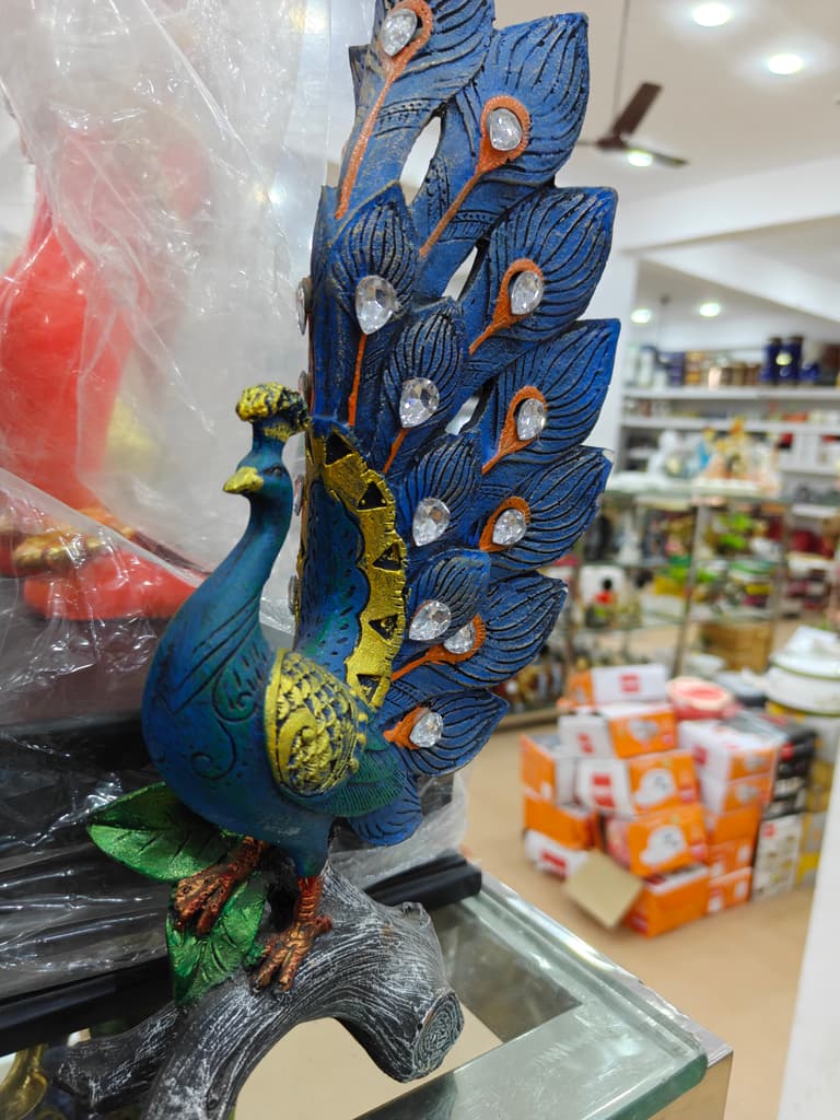 Peacock Feather Statue | Decorative | Wood | Blue