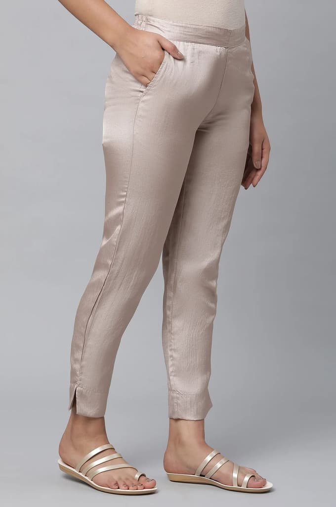 Gold Solid Straight Fit Satin Pants With Elasticated Waist — photo 4
