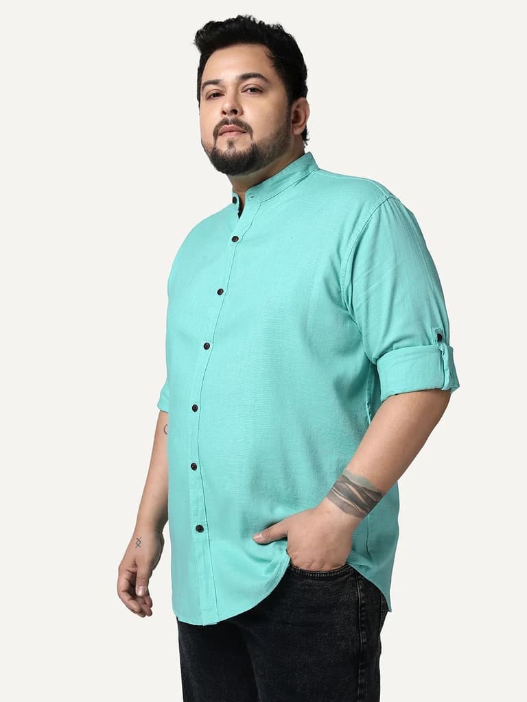 Plus Men's Light Teal Linen Blend Full Sleeve Relaxed Fit Mandarin Collar Casual Solid Shirt — photo 2