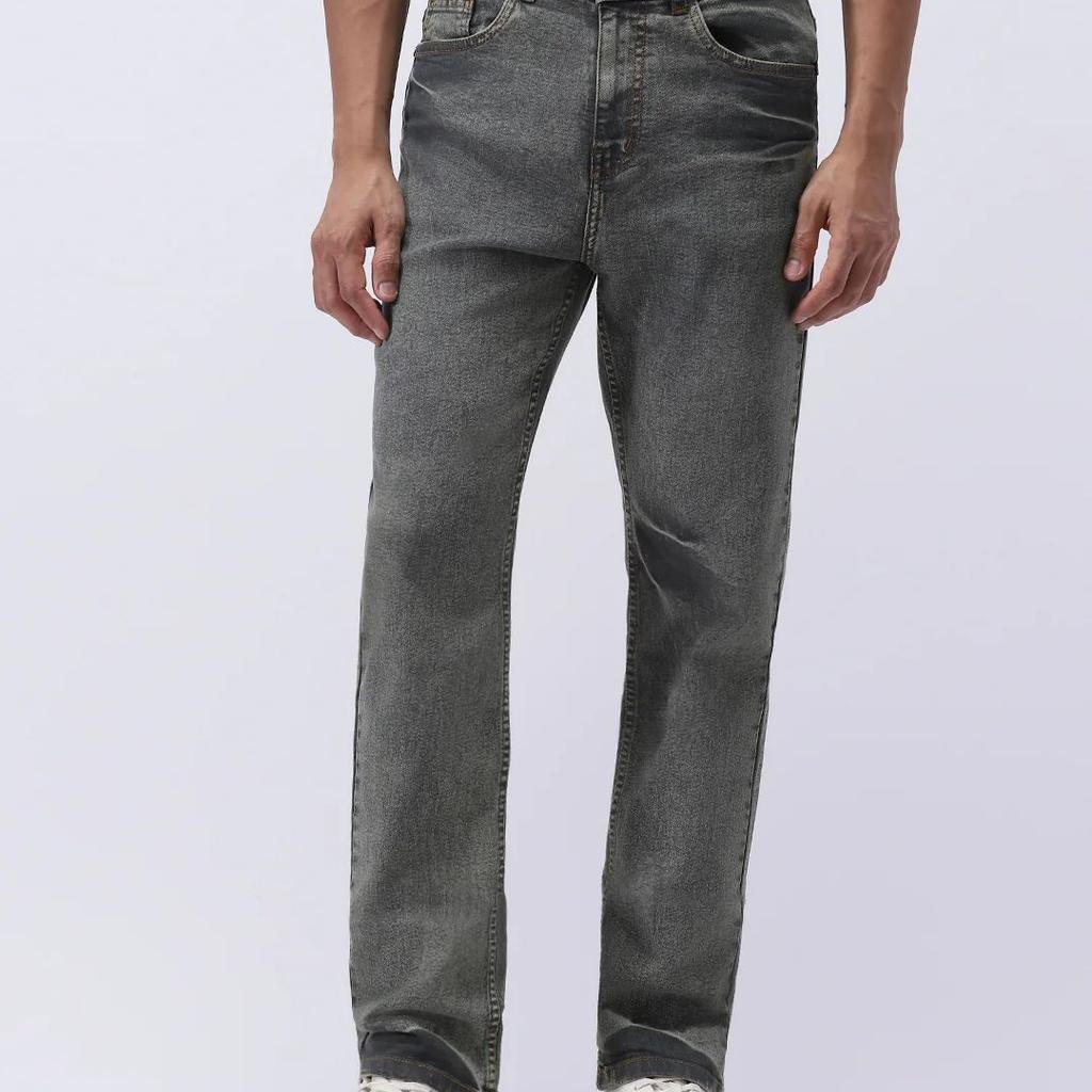 Men's Light Grey Straight Fit Heavy Washed Jeans Stretchable