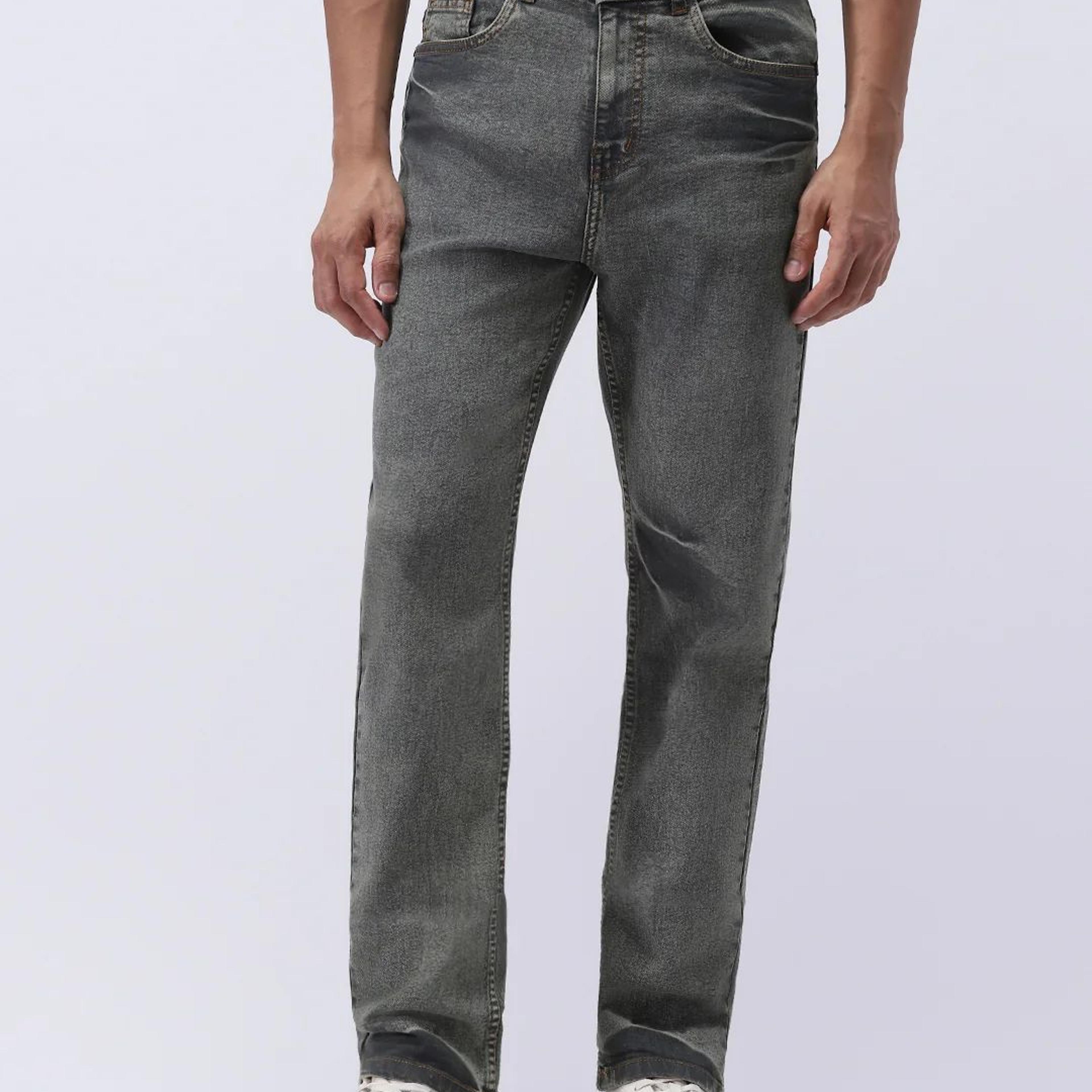 Men's Light Grey Straight Fit Heavy Washed Jeans Stretchable