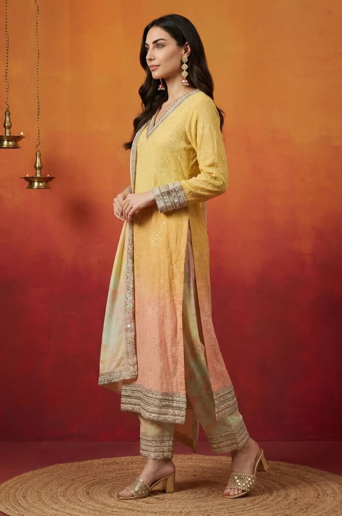 Yellow Ombre Thread Embroidered Georgette Straight Kurta with and Dupatta Set — photo 4