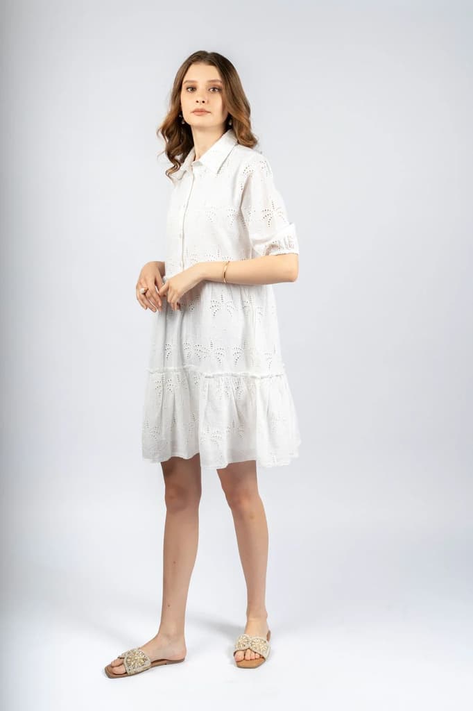 White Cotton Schiffly Fit & Flare Dress — photo 4