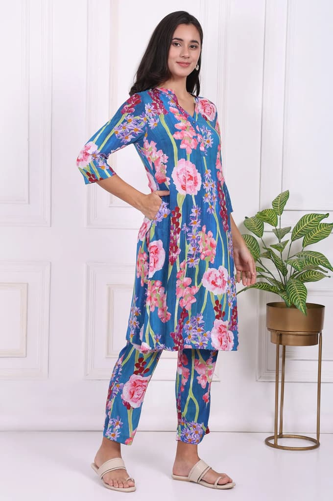 Blue Floral Printed Modal Straight Kurta — photo 6