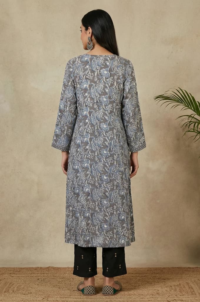 Grey Beadwork Block Printed Rayon Flared Kurta — photo 5