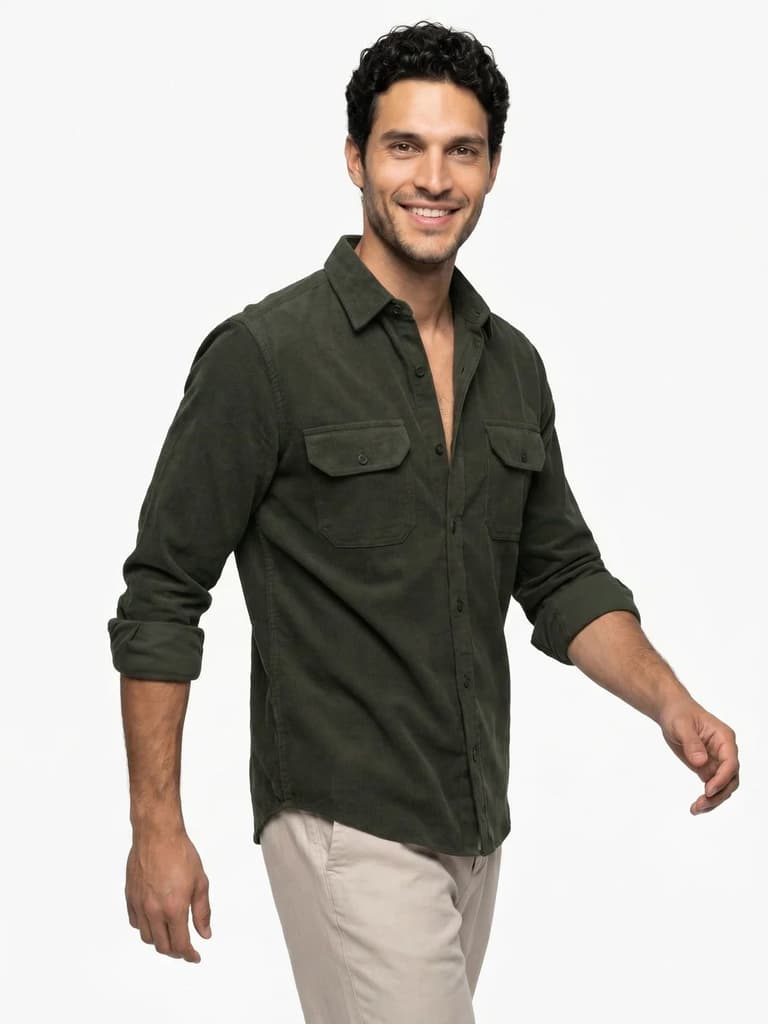 Men's Dark Olive Corduroy Full Sleeve Regular Fit Solid Overshirt with Utility Pockets — photo 2