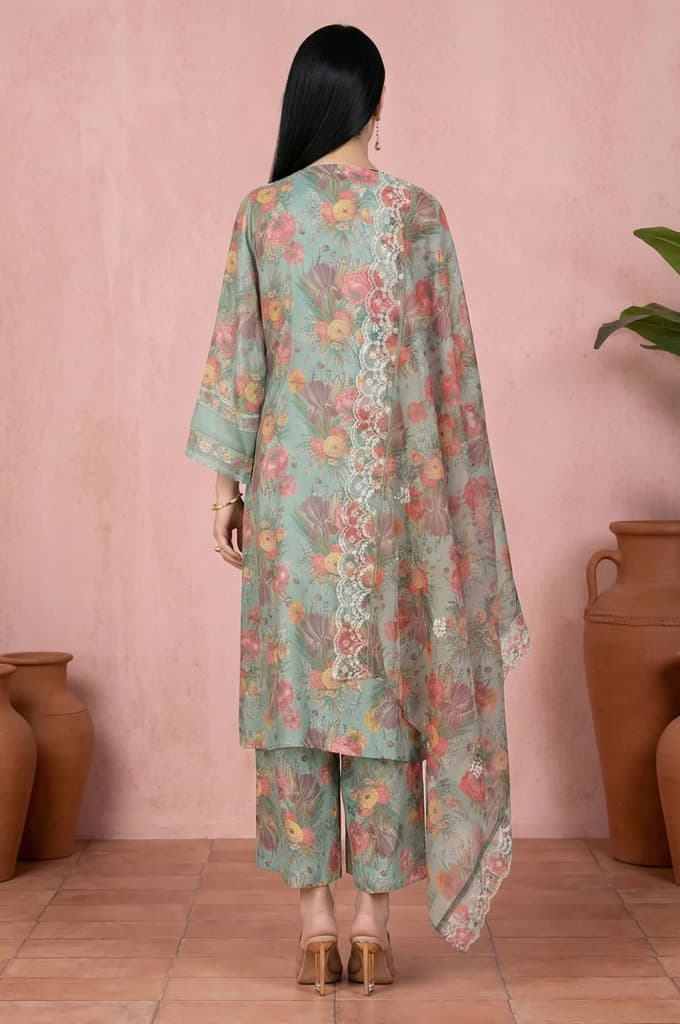 Sea Green Floral Printed Straight Kurta with Flared Pants and Dupatta Set — photo 4
