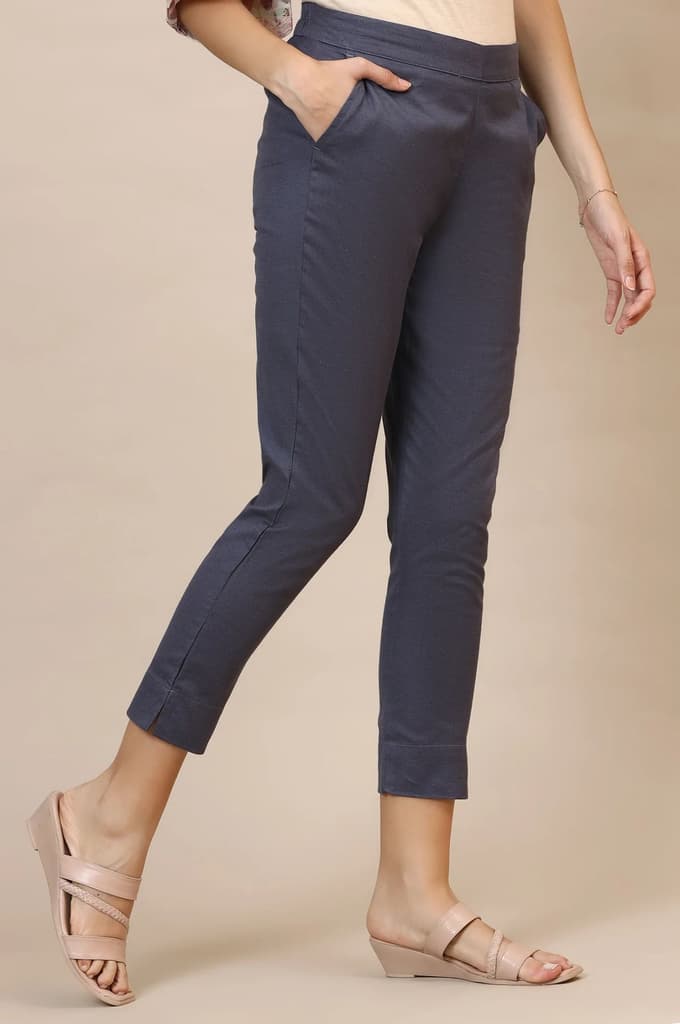 Grey Solid Slim Fit Cotton Trousers With Elasticated Waist — photo 4
