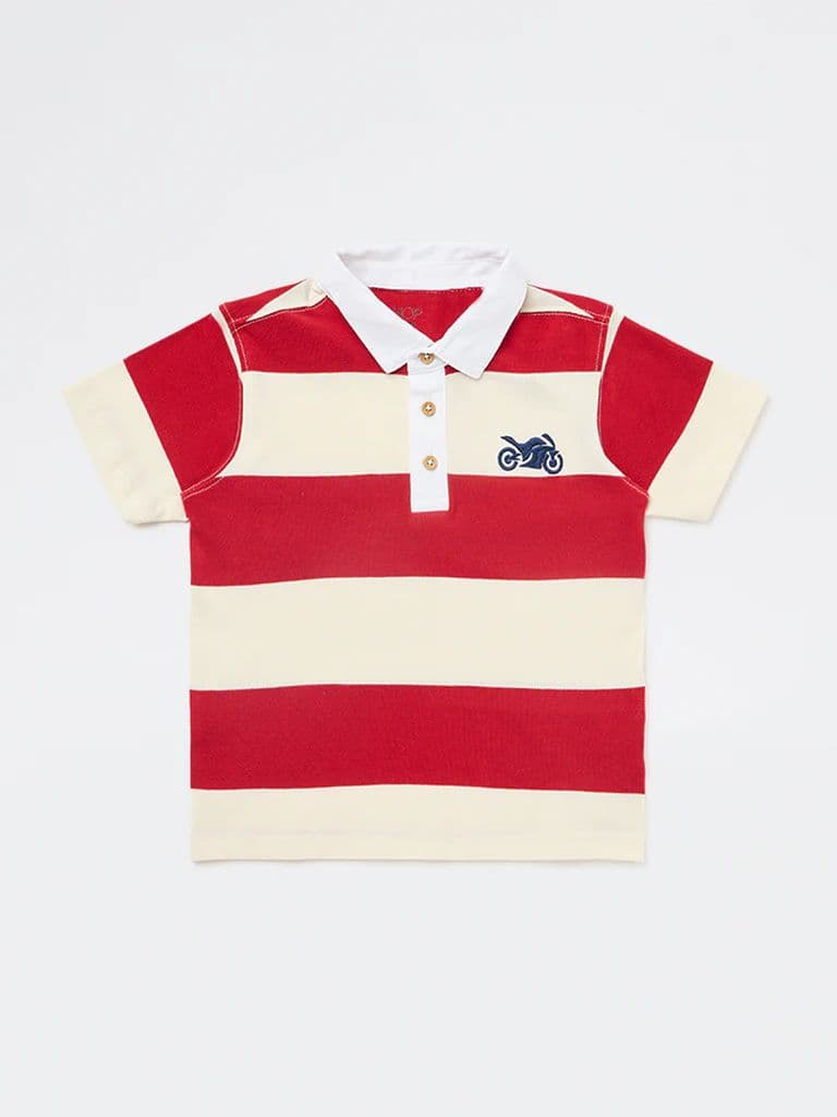 HOP Kids Boys Red Striped Cotton Polo T-Shirt — photo 4