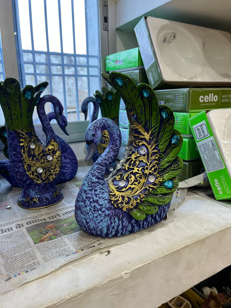 Swan Statue | Decorative | Ceramic | Purple and Green