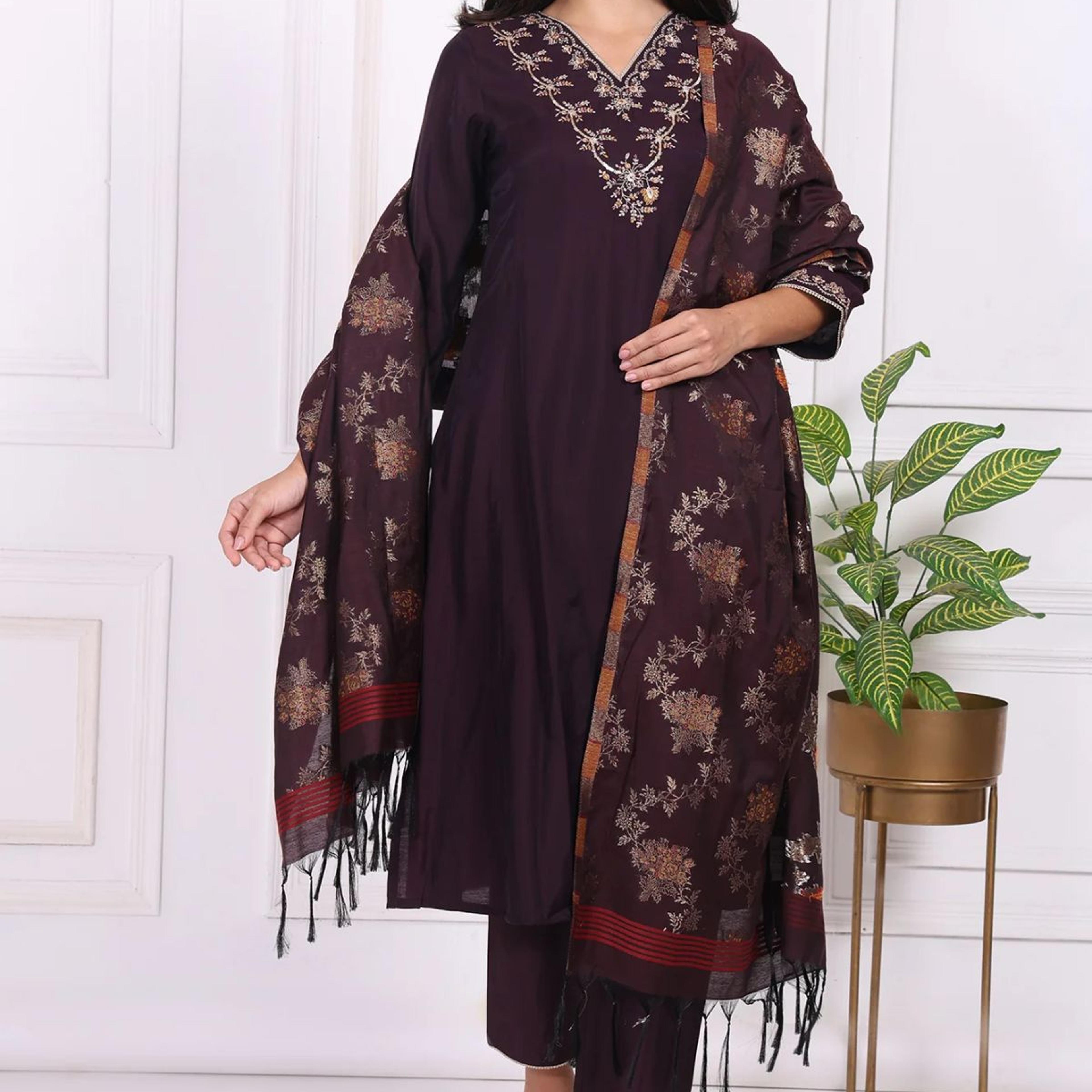 Purple Embroidered Straight Kurta, Pants and Dupatta Set