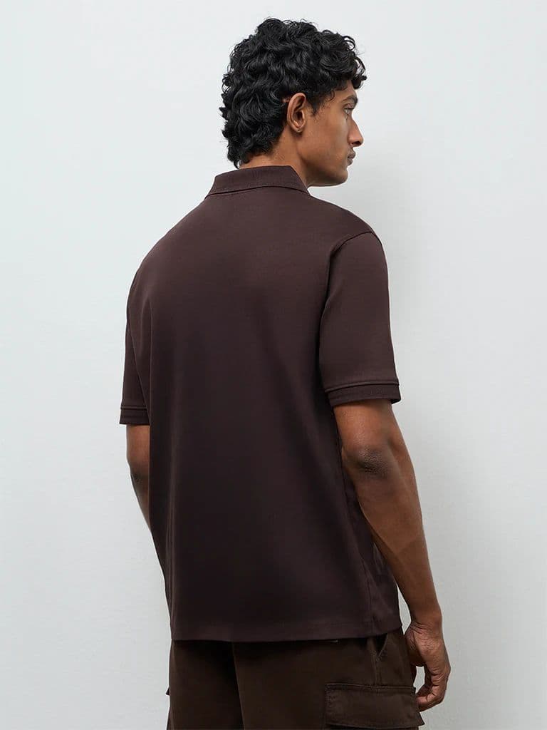 WES Casuals Dark Brown Relaxed-Fit Cotton-Blend Polo T-Shirt — photo 5