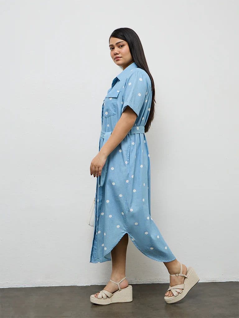 Gia Blue Polka Dotted Cotton Shirt Dress with Belt — photo 2