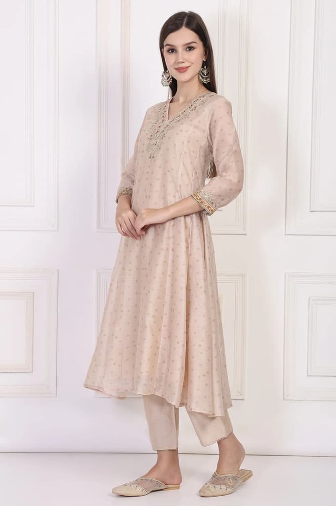 Beige Embroidered A-Line Chanderi Kurta with Straight Pant and Dupatta Set — photo 4