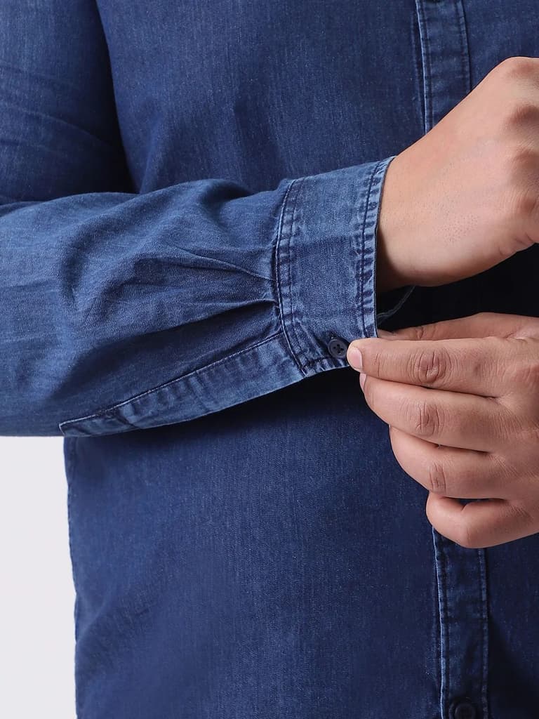 Plus Men's Dark Blue Regular Fit Full Sleeve Washed Denim Shirt — photo 7