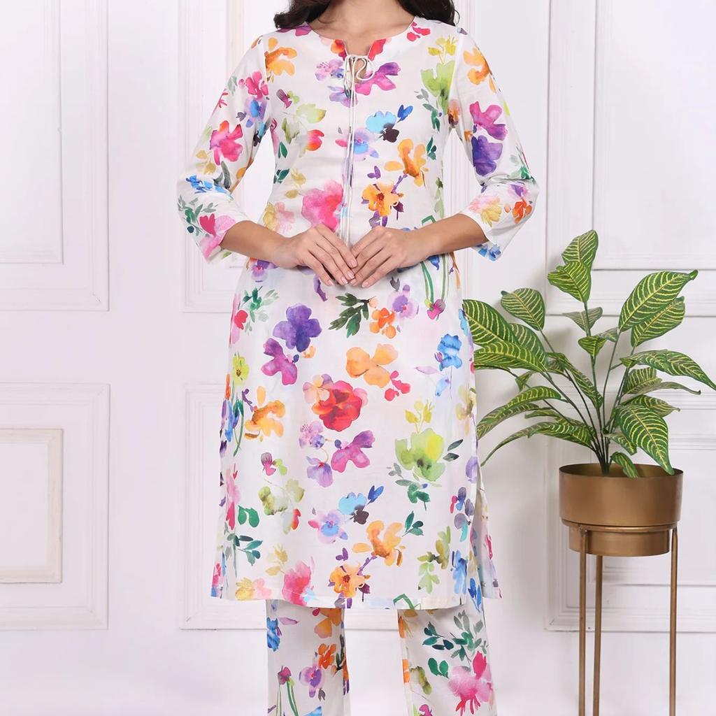 White Floral Printed Pure Cotton Straight Kurta and Straight Pants Set