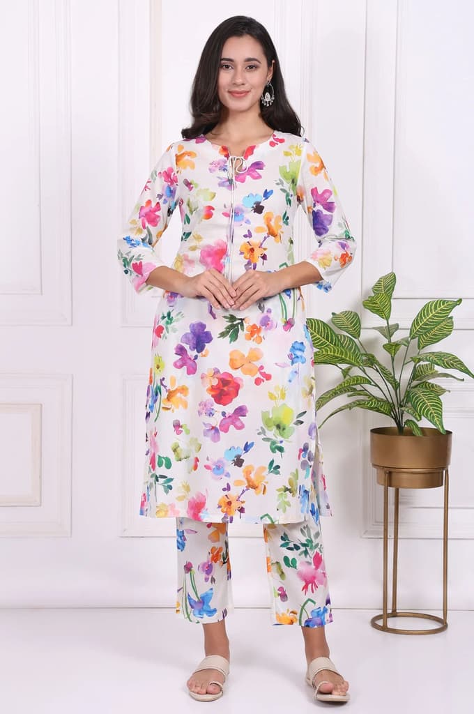 White Floral Printed Pure Cotton Straight Kurta and Straight Pants Set — XS