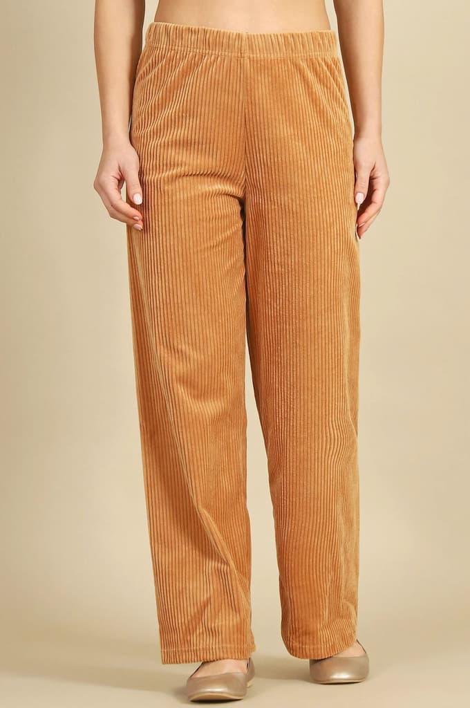 Brown Solid Straight Fit Cotton Pants With Elasticated Waist — photo 2