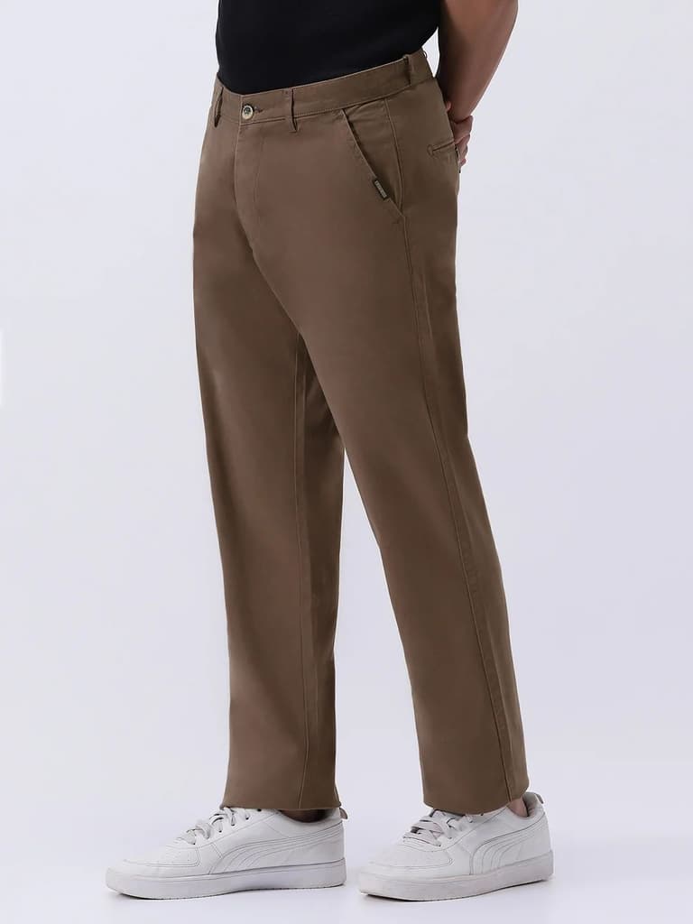 Men's Dark Taupe Cotton Regular Fit Casual Chinos Trousers Stretch — photo 2