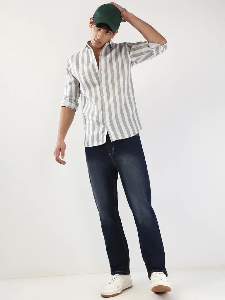 Men's Dark Blue Straight Fit Washed Jeans Stretchable — photo 5