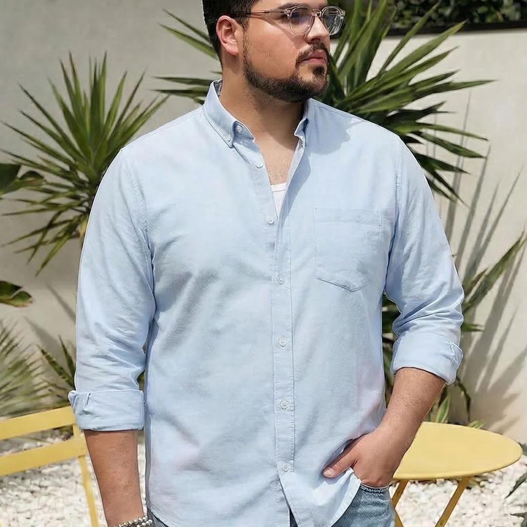Plus Men's Light Blue Cotton Full Sleeve Regular Fit Solid Oxford Shirt With Button-Down Collar