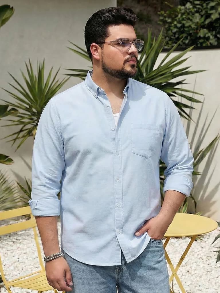 Plus Men's Light Blue Cotton Full Sleeve Regular Fit Solid Oxford Shirt With Button-Down Collar — 2XL / Light Blue