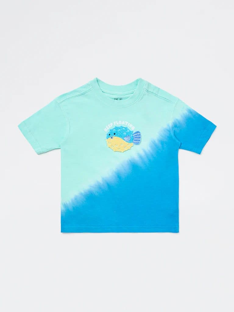 HOP Kids Boys Blue Tie-Dye Printed Cotton T-Shirt — photo 3