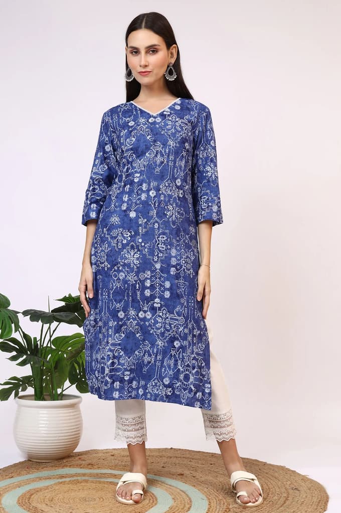 Navy Blue Printed Rayon Straight Kurta with Lace — photo 3