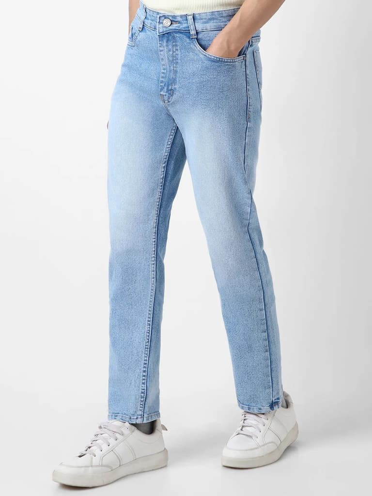 Men's Ice Blue Straight Fit Washed Jeans Stretchable — photo 2