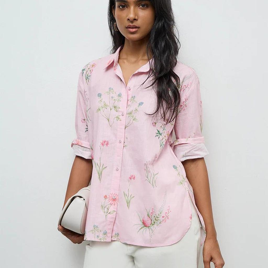 Utsa Light Pink Foliage Printed Cotton Tunic