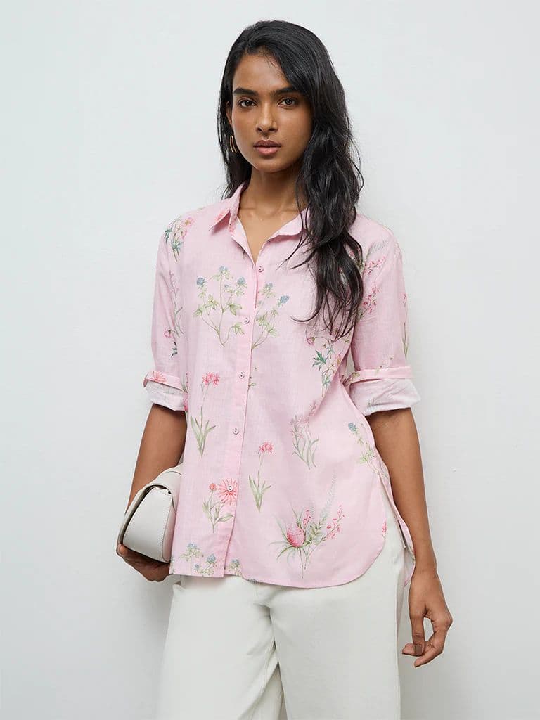 Utsa Light Pink Foliage Printed Cotton Tunic